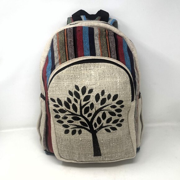 Beautiful Colorful Strip Large Pure Hemp Multi Pocket Backpack with Tree of Life main image 4